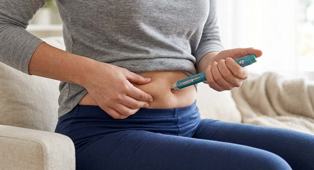 Woman administering an injection into her thigh at home